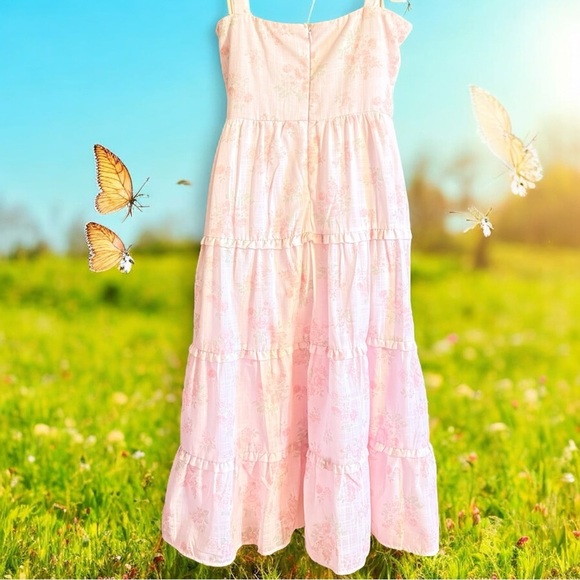 Francesca’s Romantic Pink Floral Tiered Midi Dress Tie Shoulder Bows Size M - Picture 9 of 13